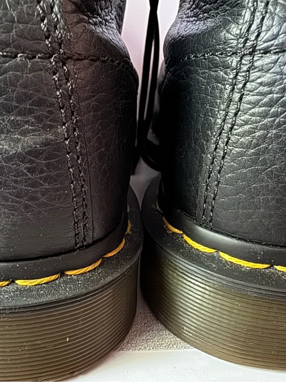 Dr. Martens Black Leather Lace-Up Combat Boots with Yellow Stitching